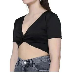 Missguided Women's Black Viscose/Spandex Knit Knot Front Cropped T-Shirt
